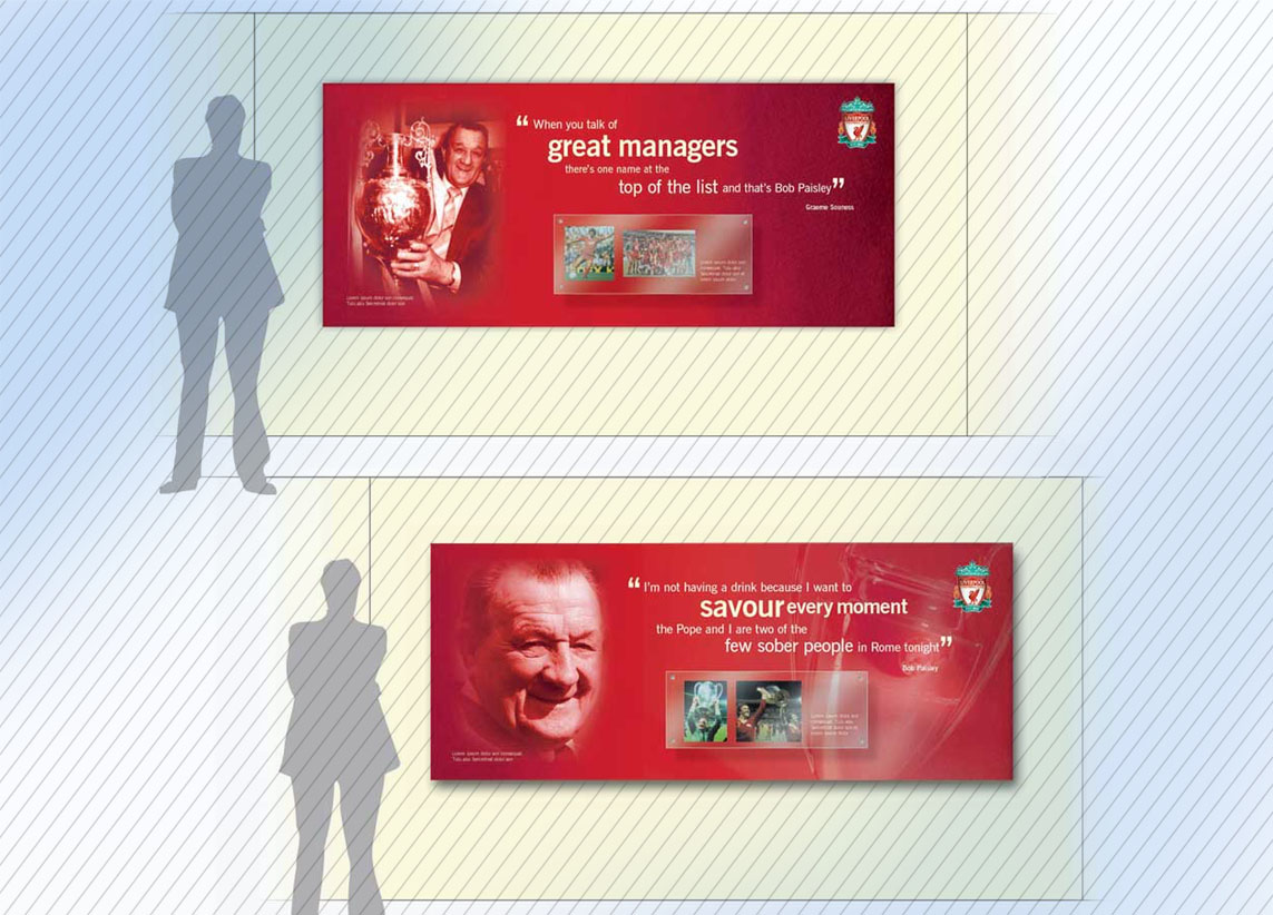 Liverpool FC Shankly and Paisley lounges - branding, graphics and interior designs - graphics in the Paisley lounge - wrap mounted pdfs offset from the wall and perspex graphics